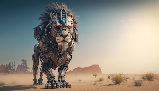 Tête de lion cyborg avec un style cyberpunk au désert avec un visage effrayant ai génératifTête de lion cyborg avec un style cyberpunk au désert avec un visage effrayant futur ai génératif