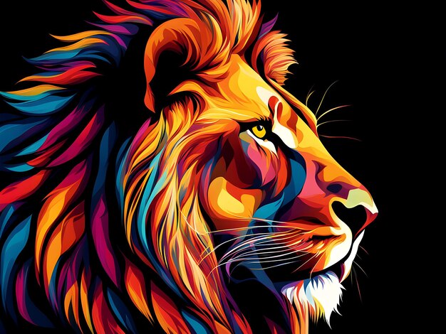 La tête d'un lion dans une flamme multicolore sur un fond noir