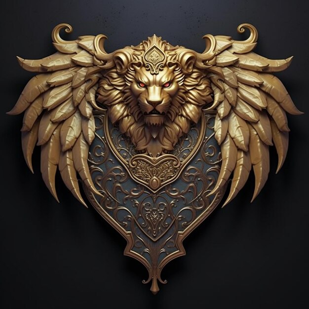 Une tête de lion dorée avec des ailes sur un fond noir