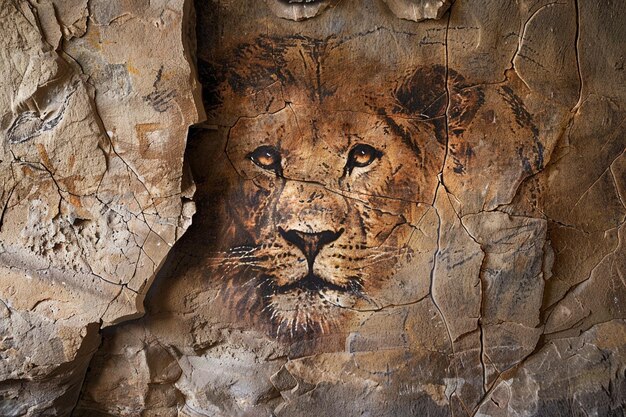 une tête de lion est sur le mur d'une grotte