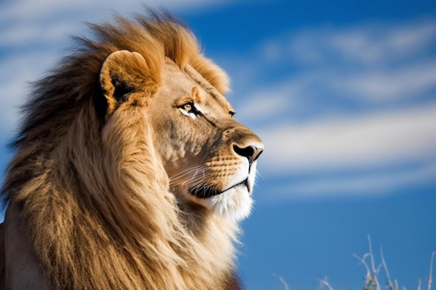 Une tête de lion est représentée sur un ciel bleu.