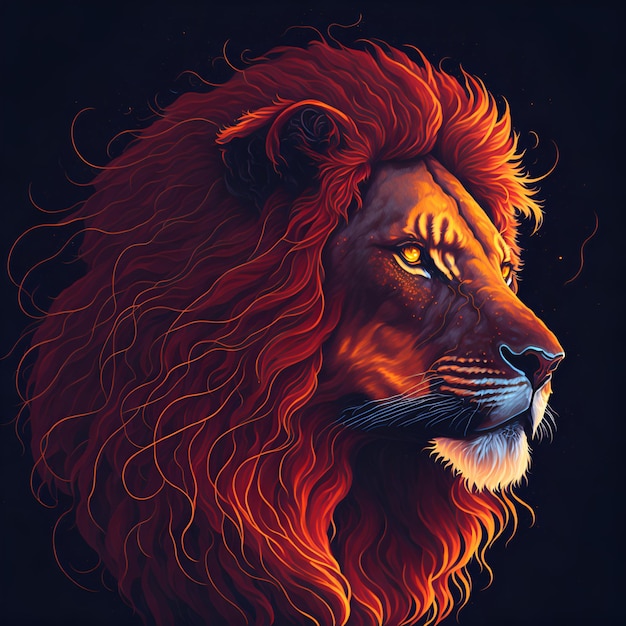 Une tête de lion est représentée sur un fond noir.