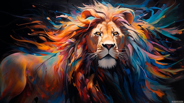 Tête de lion sur fond d'art abstrait coloré AI générative