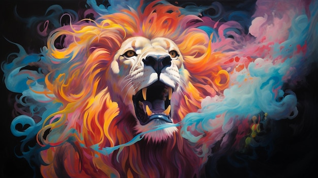 Tête de lion sur fond d'art abstrait coloré AI générative