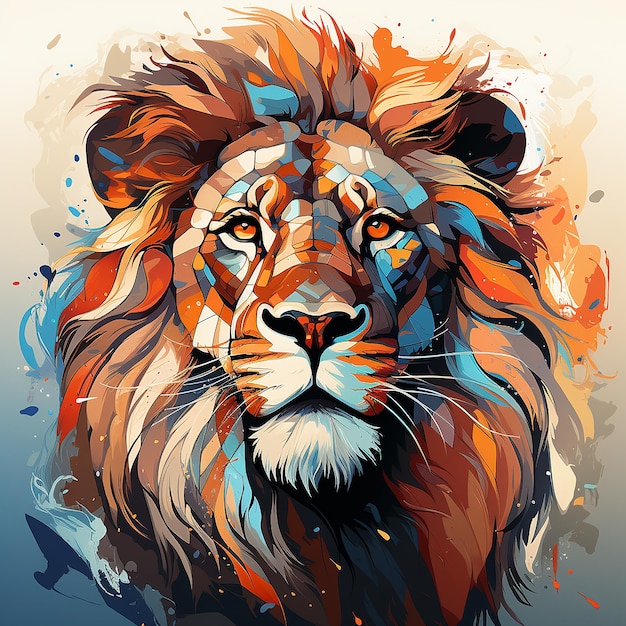 Tête de LION forte colorée agressive dans un style vintage