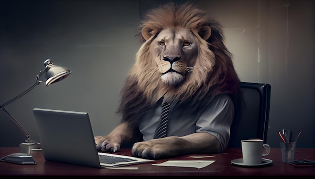 Tête de lion portant un costume d'affaires assis derrière un bureau travaillant dans l'autorité de professionnalisme de bureau