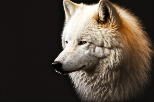 Tête de loup blanc avec des cheveux sur fond noir