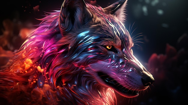 une tête de loup colorée sur un style d'art lumineux au néon IA générative