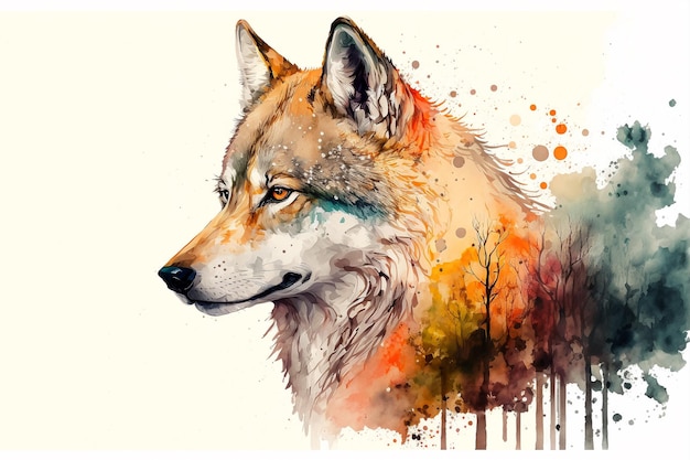 Tête de loup Peinture aquarelle AI générative