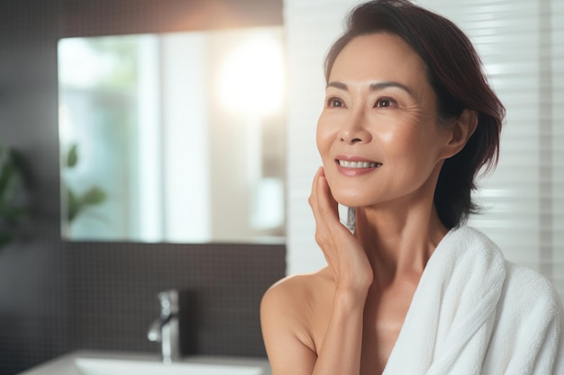 Tête d'une magnifique femme asiatique d'âge moyen de 50 ans debout dans la salle de bain après la douche, touchant le visage regardant le reflet dans le miroir faisant la routine de beauté du matin Concept de soins de la peau plus âgé