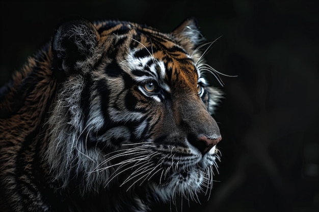 Photo la tête majestueuse d'un tigre en gros plan sur un fond noir sombre