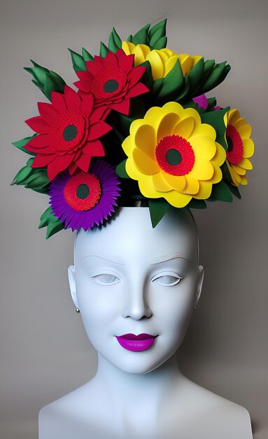 Photo une tête de mannequin avec un arrangement floral coloré dessus.