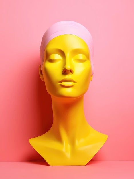 Tête de mannequin femme minimaliste sur fond jaune vif et rose