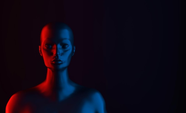 Tête de mannequin femme rendu 3d affichage boutique néon lumière rouge et bleue