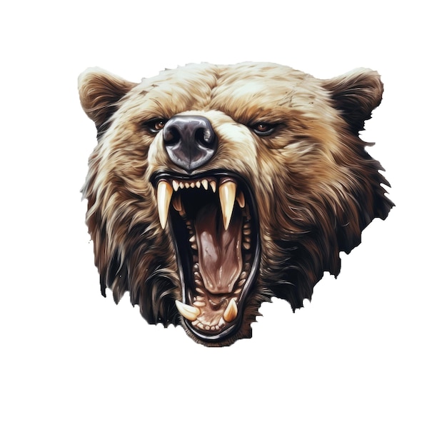 la tête d'un ours brun en colère sur un fond blanc