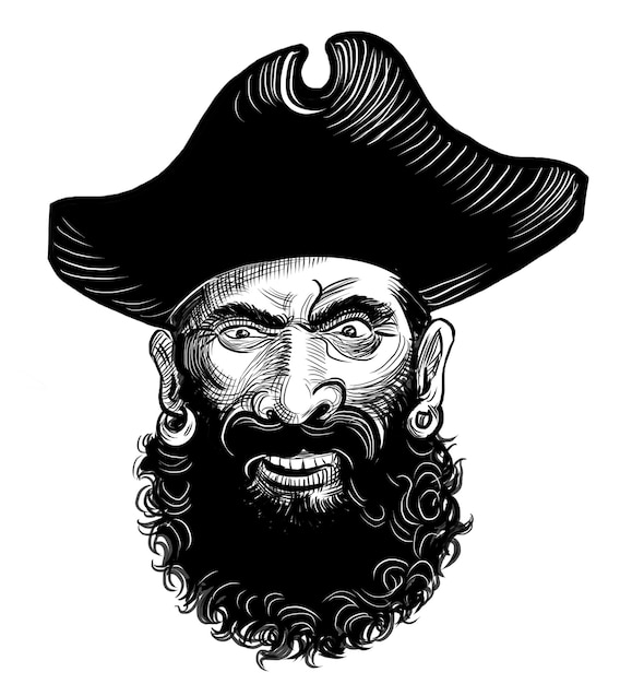 Tête de pirate dessinée à la main en noir et blanc