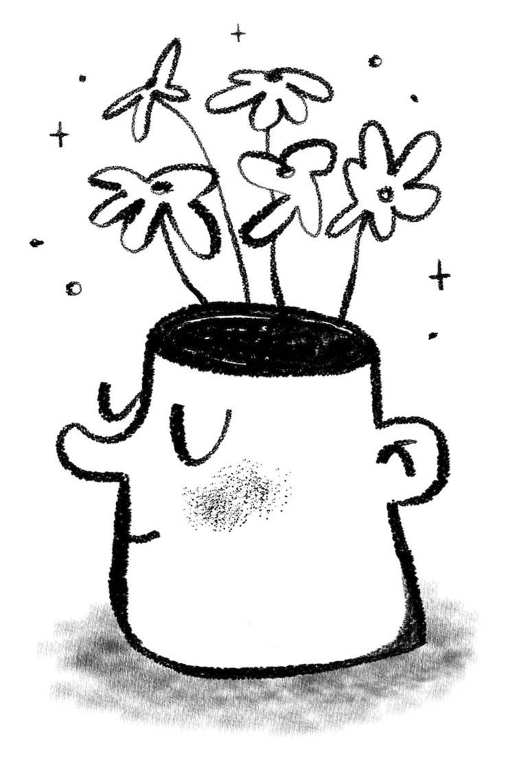 Photo la tête pousse des fleurs, l'autocollant est en png, le fond est transparent.