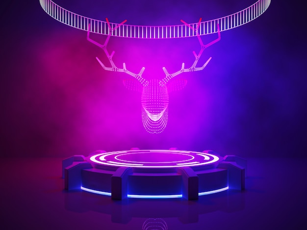 Tête de renne néon sur scène avec fumée et lumière violette, Noël et bonne année