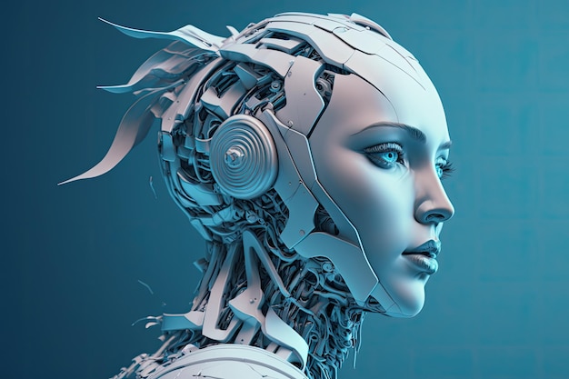Tête de robot cyborg femelle blanc et bleu sur fond bleu avec ombre