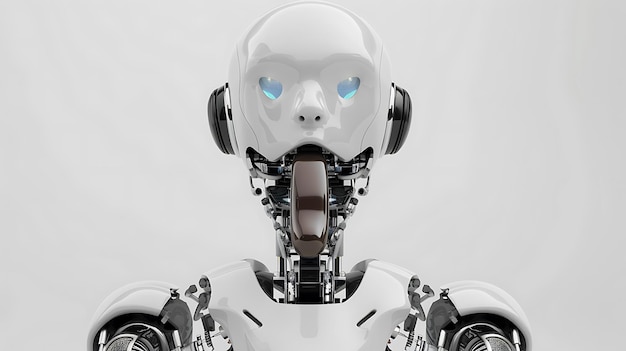 Une tête de robot futuriste aux yeux bleus brillants