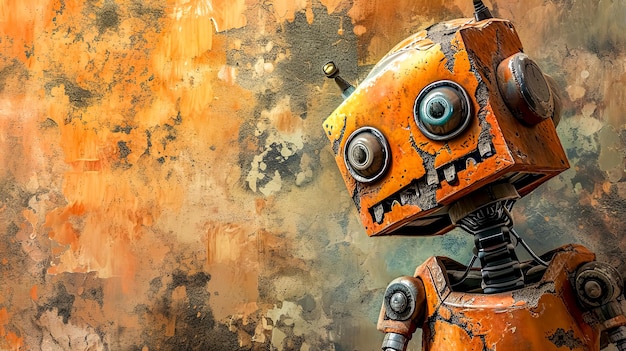 Photo une tête de robot rustique avec des yeux expressifs sur un fond orange gringouilleux