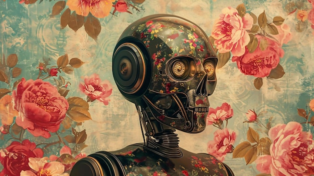 Tête de robot vintage avec une texture florale sur abstract