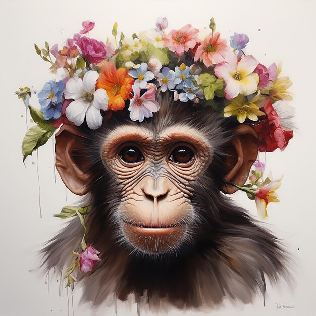 Tête de singe couverte de fleurs