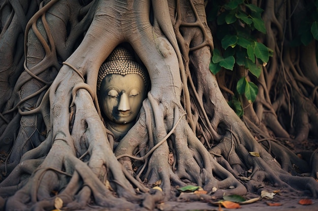 Tête de statue de Bouddha dans les racines des arbres à Wat Mahathat dans la province d'Ayutthaya