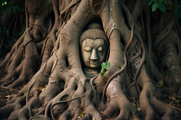 Tête de statue de Bouddha dans les racines des arbres à Wat Mahathat dans la province d'Ayutthaya