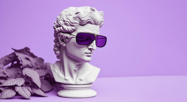 Tête de statue de gypse dans des lunettes de soleil sur une illustration de fond violet