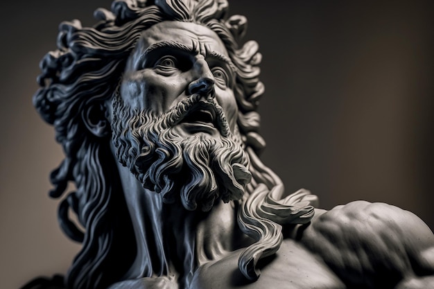 Tête de statue de sculpture de dieu grec d'un homme avec une longue barbe sur fond sombre Image générée par l'IA