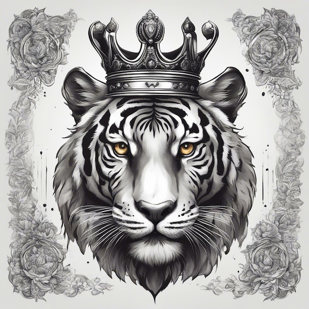 Une tête de tigre avec une couronne logo élégant et noble sceau d'autocollant noir et blanc