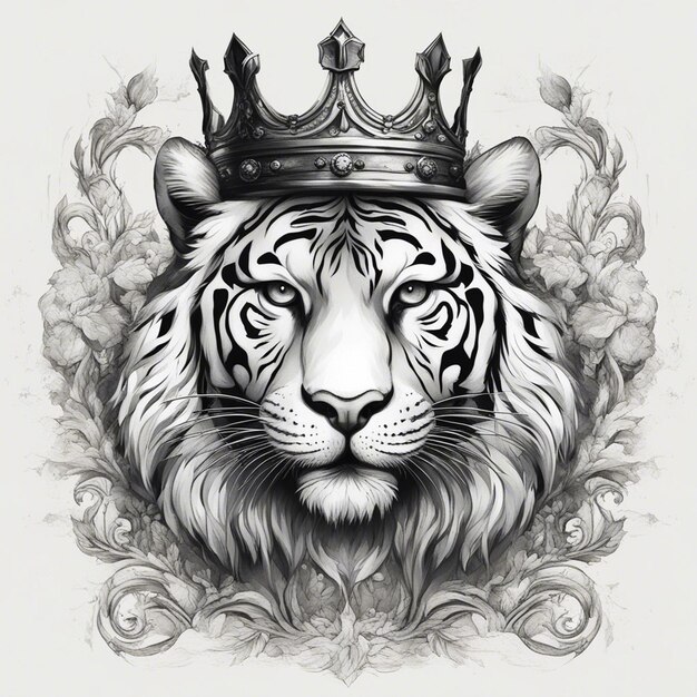 Une tête de tigre avec une couronne logo élégant et noble sceau d'autocollant noir et blanc