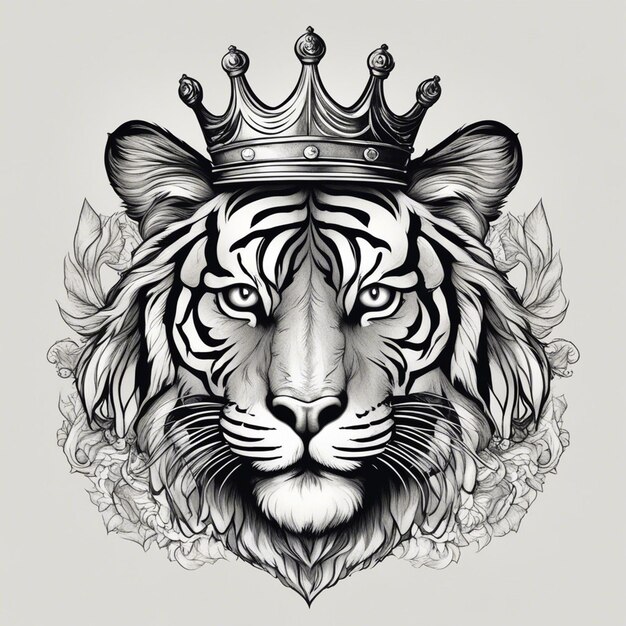 Une tête de tigre avec une couronne logo élégant et noble sceau d'autocollant noir et blanc