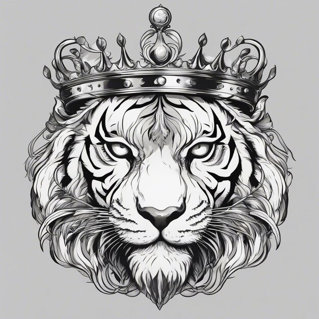 Une tête de tigre avec une couronne logo élégant et noble sceau d'autocollant noir et blanc