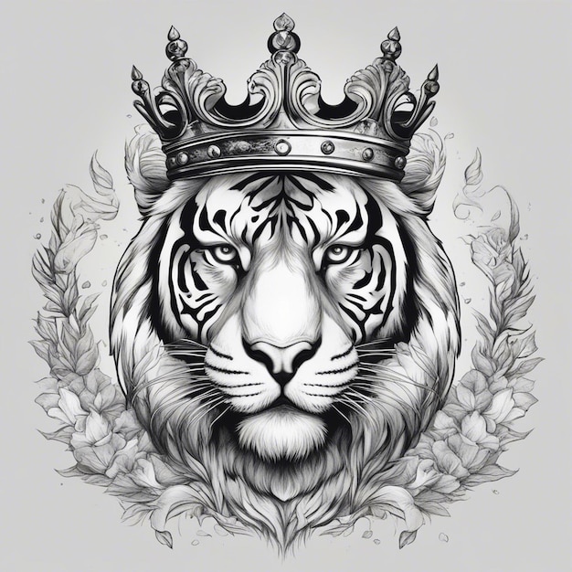 Une tête de tigre avec une couronne logo élégant et noble sceau d'autocollant noir et blanc