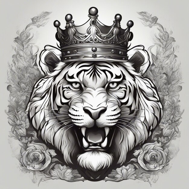 Une tête de tigre avec une couronne logo élégant et noble sceau d'autocollant noir et blanc