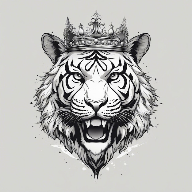 Une tête de tigre avec une couronne logo élégant et noble sceau d'autocollant noir et blanc