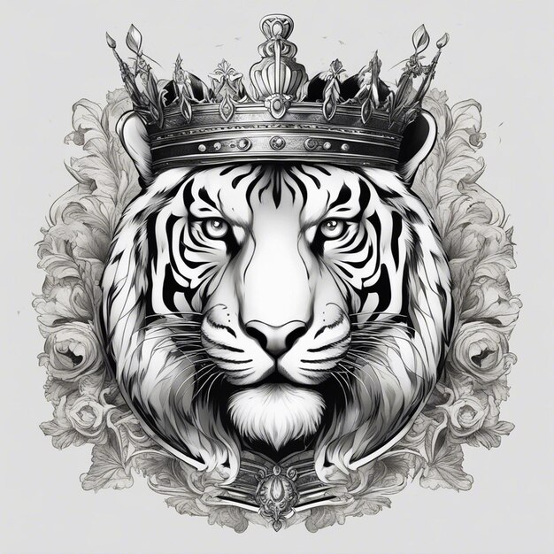 Une tête de tigre avec une couronne logo élégant et noble sceau d'autocollant noir et blanc