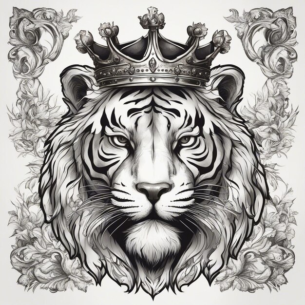 Une tête de tigre avec une couronne logo élégant et noble sceau d'autocollant noir et blanc