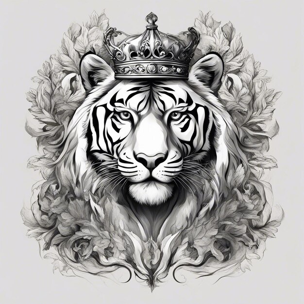 Une tête de tigre avec une couronne logo élégant et noble sceau d'autocollant noir et blanc