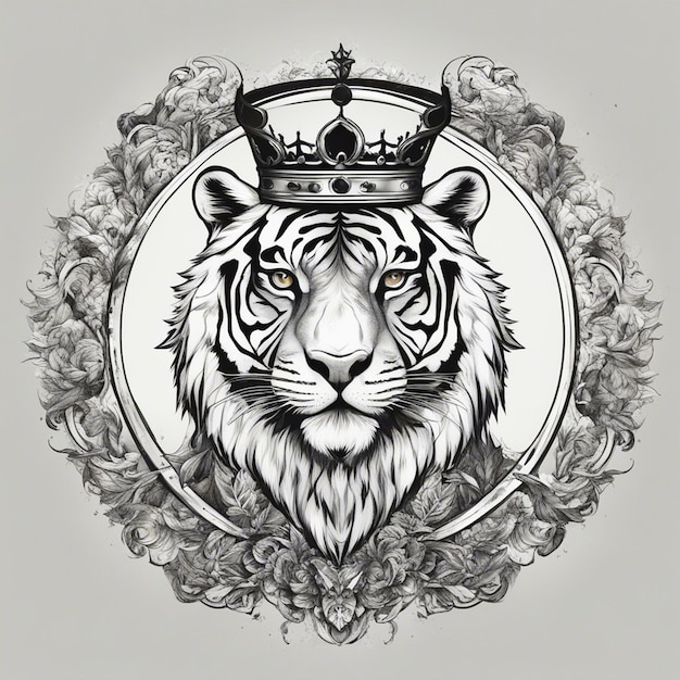 Photo une tête de tigre avec une couronne logo élégant et noble sceau d'autocollant noir et blanc