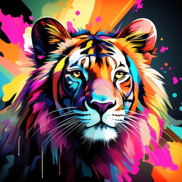 tête de tigre avec des éclaboussures de peinture colorée