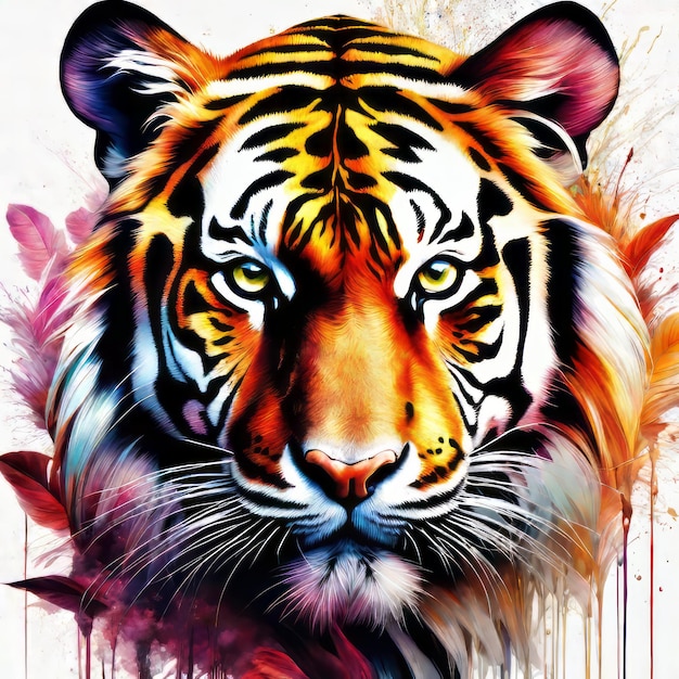 tête de tigre avec de la peinture colorée sur un fond blanc