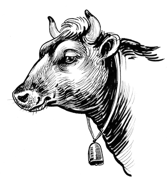 Tête de vache avec une cloche. Dessin noir et blanc à l'encre