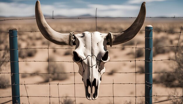 une tête de vache avec un crâne et des cornes sur une clôture