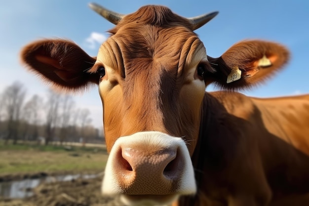 Tête d'une vache en gros plan Une vache broute près de la rivière générée par l'IA