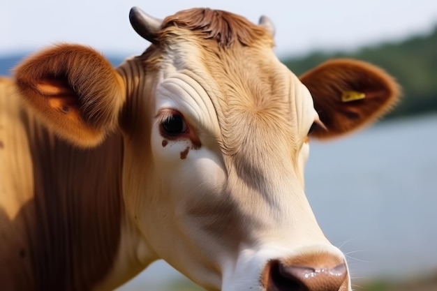 Tête de vache gros plan Une vache broute près de la rivière