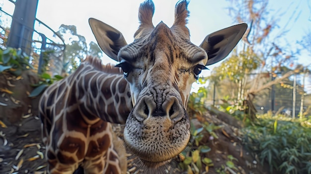 La tête et le visage d'une girafe avec des yeux expressifs dans un cadre naturel extérieur avec des arbres