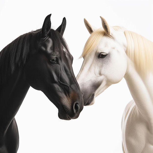 Têtes de cheval blanc et noir portrait en gros plan sur de beaux animaux blancs